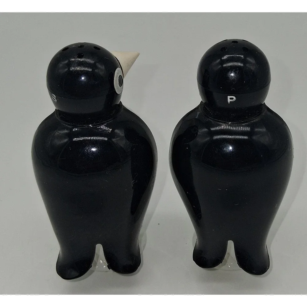 Vintage Penguin Salt and Pepper Shakers Plastic Black White Mid Century 3 Inch
